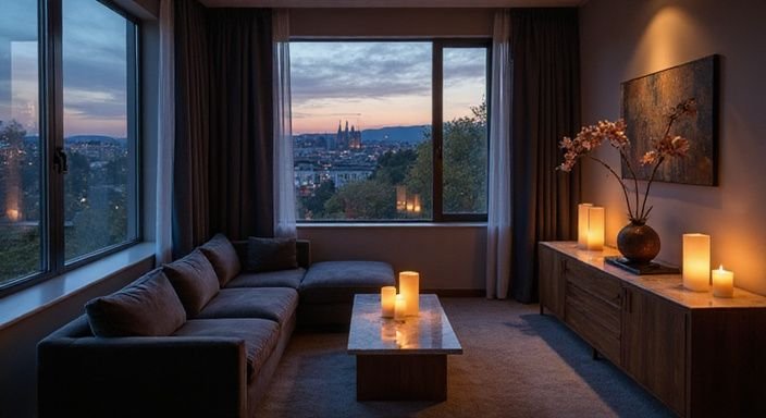 Luxuriöse Hotelsuite in Zürich mit eleganter Einrichtung und Stadtblick.