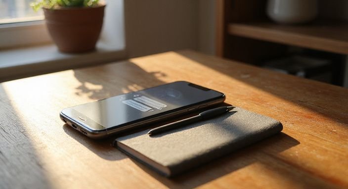 Ein Smartphone auf einem Holztisch neben einem Notizbuch und Stift.