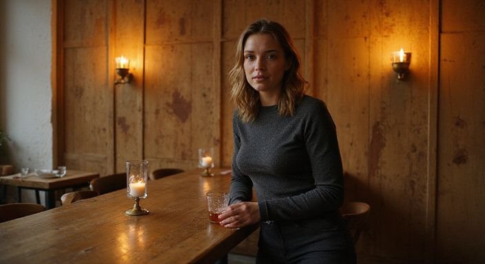 Eine Frau unterhält sich an einem Tisch in einer Bar.