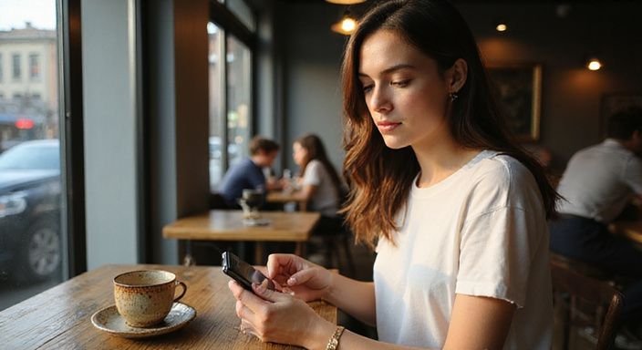 Eine konzentrierte Frau tippt allein in einem Café und wollen dating in der Schweiz.
