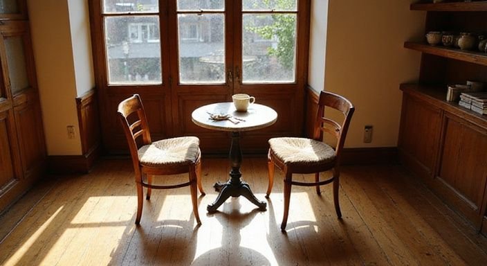 Zwei abgenutzte Stühle und ein Tisch mit Kaffee in einem Café.