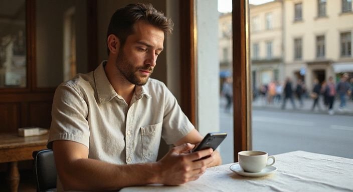 Ein nachdenklicher junger Mann sitzt allein in einem Café.
