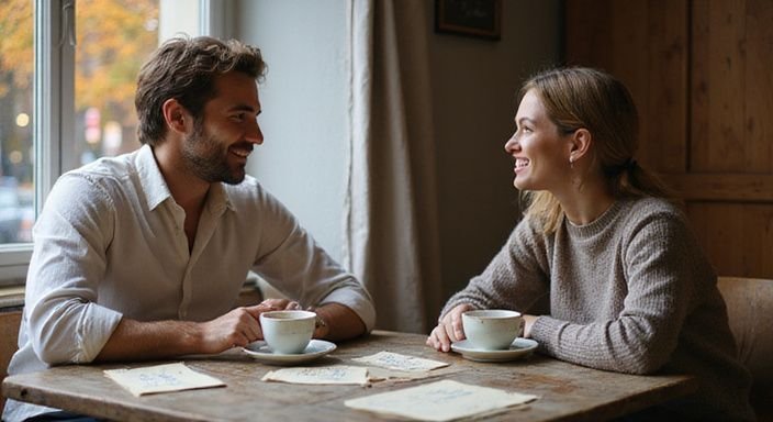 Ein Paar tauscht sich in einem Café bei Kaffee und Notizen aus und wollen dating in der Schweiz.