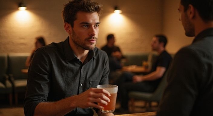 Ein junger Erwachsener hält ein Getränk und führt ein Gespräch über dating in der Schweiz.