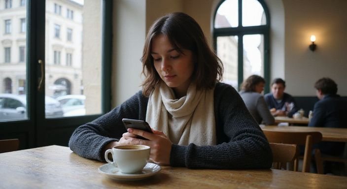 Eine junge Frau sitzt entspannt in einem Café und schaut auf ihr Smartphone und scuhe dating in der Schweiz.