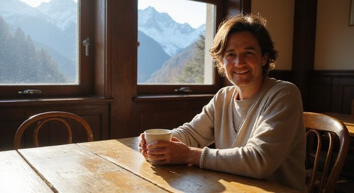 Eine entspannte Person geniesst Kaffee in einem traditionellen Schweizer Café.