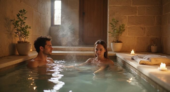 Erholsame Spa-Atmosphäre mit Paar in einem warmen, privaten Bad. Erholsame Spa-Atmosphäre mit Paar in einem warmen, privaten Bad.