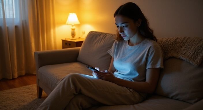 Eine nachdenkliche Frau sitzt entspannt auf einem Sofa im Schlafzimmer und suche Erotischer Kontakt in Thurgau.
