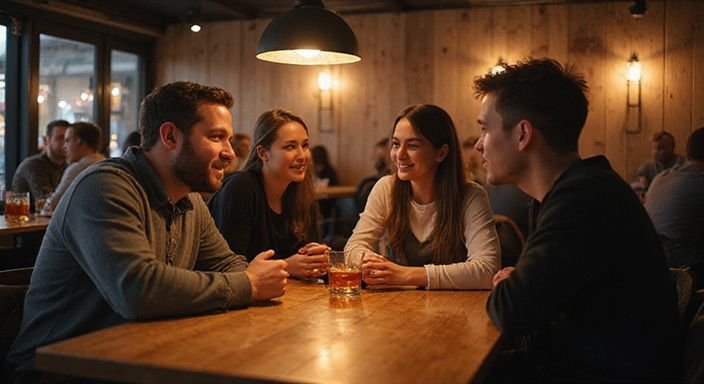 Eine Gruppe junger Erwachsener genießt Gespräche in einer Cocktailbar. Eine Gruppe junger Erwachsener genießt Gespräche über flirt kontakt in Zürich in einer Cocktailbar.