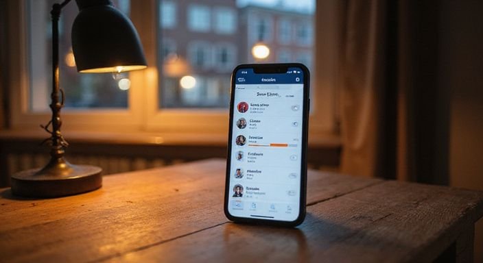 Ein Smartphone zeigt eine Dating-App auf einem Schreibtisch. Ein Smartphone zeigt eine Dating-App für flirt kontakt in Zürich auf einem Schreibtisch.