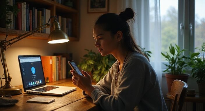 Eine konzentrierte junge Frau arbeitet an ihrem Schreibtisch mit Laptop. Eine konzentrierte junge Frau arbeitet an ihrem Schreibtisch mit Laptop.