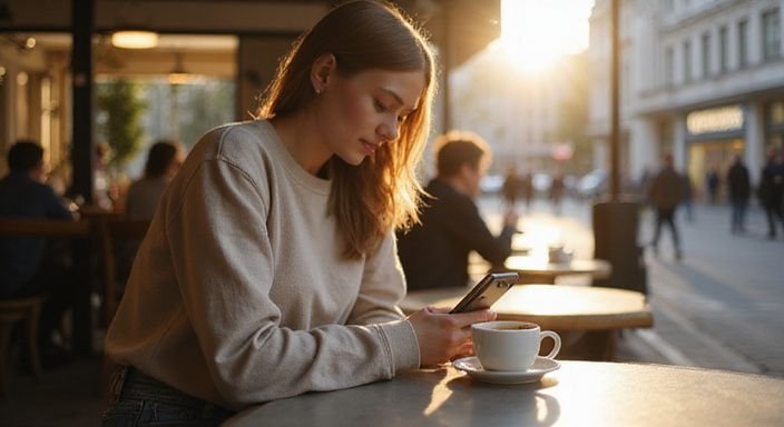 Eine Frau sitzt allein in einem minimalistischen Café in Zürich. Eine Frau sitzt allein in einem minimalistischen Café in Zürich.
