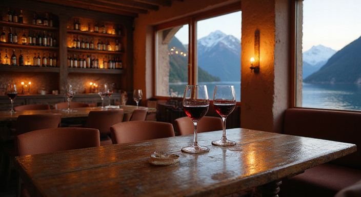Gemütliche Bar mit rustikalem Interieur und Blick auf alpinen See. Gemütliche Bar mit rustikalem Interieur und Blick auf alpinen See.