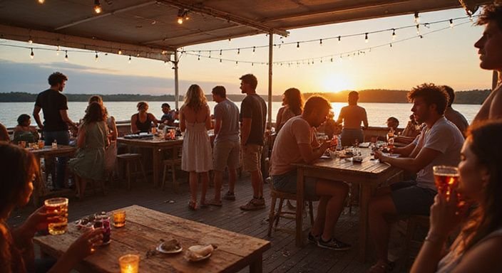 Eine fröhliche Sommerabendfeier auf einem Bootsdeck am Zürichsee. Eine fröhliche Sommerabendfeier auf einem Bootsdeck am Zürichsee.
