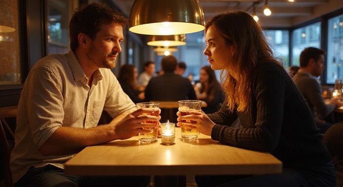 Zwei Personen beim Speed-Dating in einer modernen Bar in Zürich. Zwei Personen beim Speed-Dating in einer modernen Bar in Zürich.