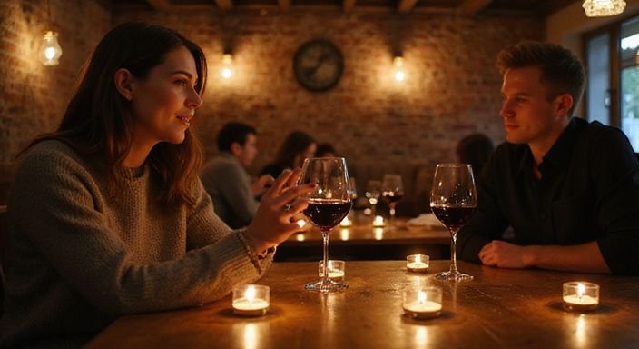 Eine Frau sitzt entspannt in einer Weinbar und führt ein Gespräch. Eine Frau sitzt entspannt in einer Weinbar und führt ein Gespräch über flirt kontakt in Zürich.