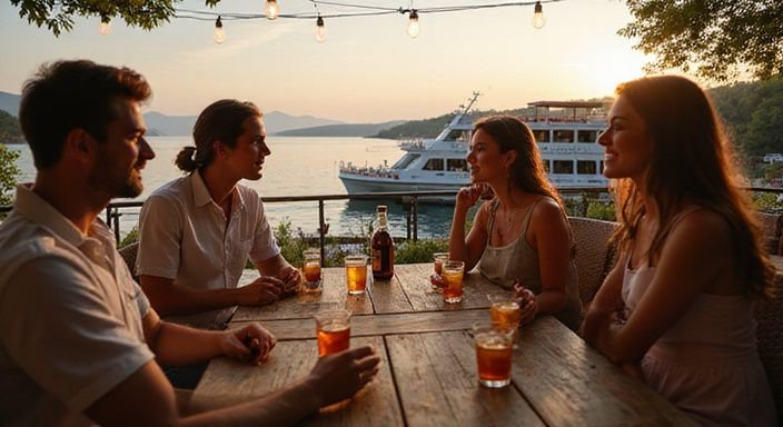 Junge Erwachsene genießen Cocktails und Gespräche über flirten in Genf, Waadt oder Neuenburg auf einer Terrasse am Genfersee.