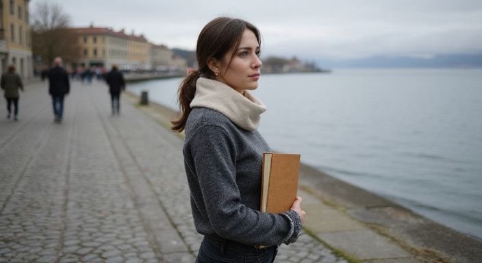 Eine junge Frau steht nachdenklich am Genfersee mit einem Lehrbuch.
