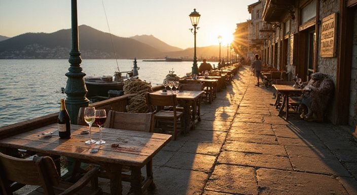 Gemütliche Atmosphäre an einem Hafen mit Wein und alpiner Architektur.