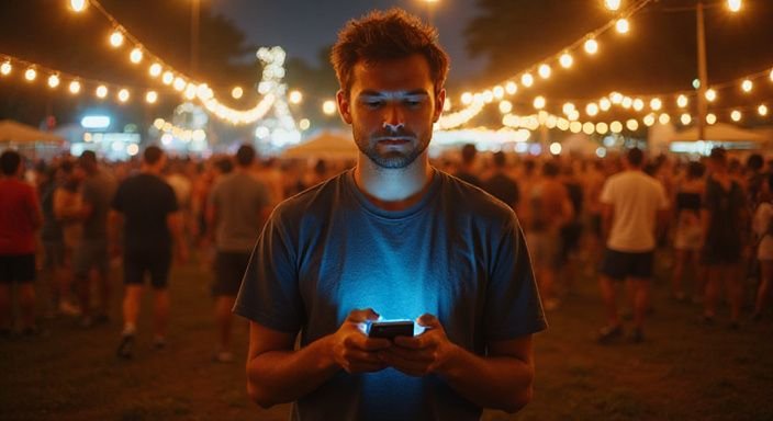 Ein Mann nutzt sein Smartphone auf einem vollen Musikfestival und wollen flirten in Genf, Waadt oder Neuenburg.