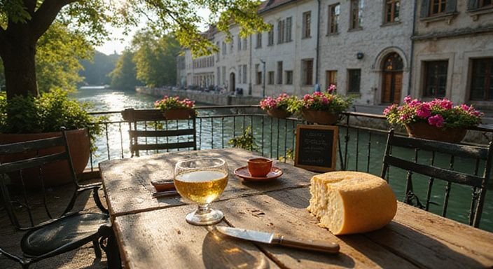 Rustikales Café am Fluss mit Käse, Wein und blühenden Pflanzen.