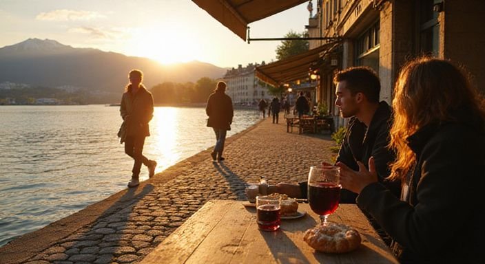 Junge Erwachsene genießen Zeit am Genfersee mit Essen und Wein.