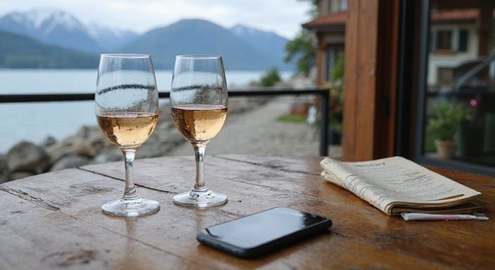 Café-Terrasse am Genfersee mit Wein, Holz und Alpenblick.