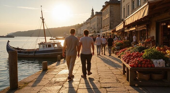 Menschen schlendern entspannt am Ouchy Hafen mit Bauernmarktständen.