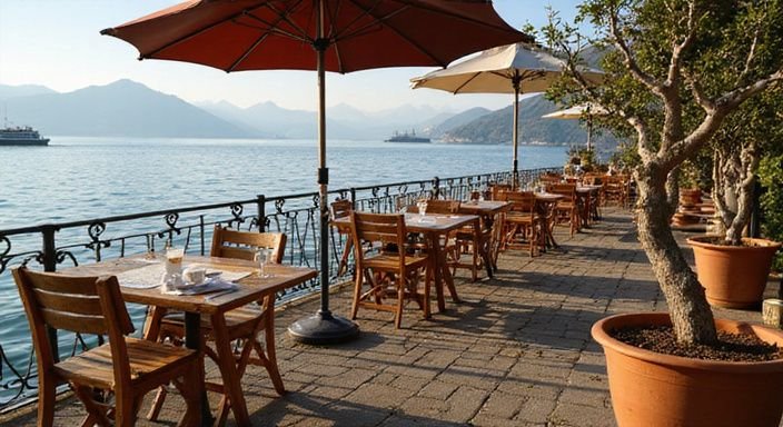 Ein lebendiges Café am See mit rustikalen Möbeln und Blick auf die Alpen.