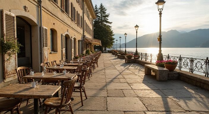 Verlassene Uferpromenade am Neuenburgersee mit verwitterten Möbeln.