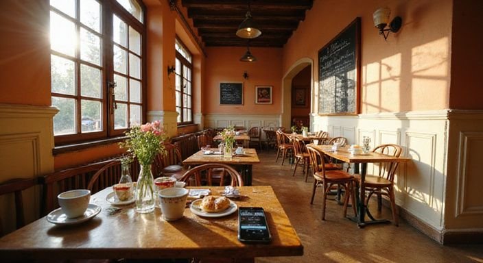 Ein traditionelles Café mit charmanten, abgenutzten Möbeln und köstlichen Gebäck.