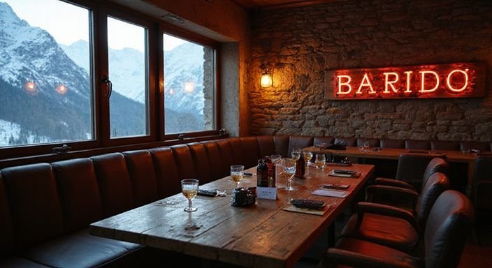 Eine gemütliche alpine Bar mit rustikalem Charme und hochwertigen Details.