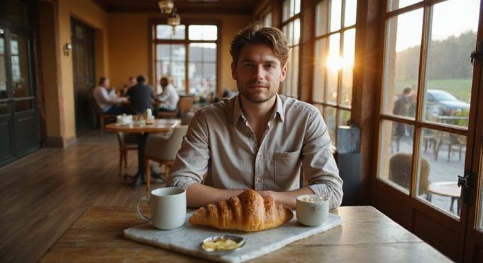 Ein entspannter Mann genießt Croissants und Kaffee in einem traditionellen Café.