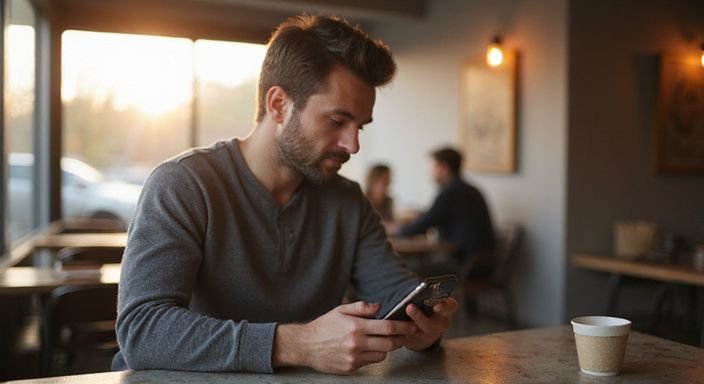 Ein konzentrierter Mann studiert eine Dating-App für flirten und sexkontakt in Graubünden in einem Café.