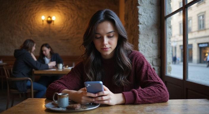 Eine Frau sitzt nachdenklich allein in einem alten Schweizer Café.