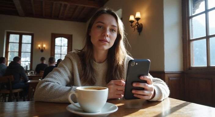 Eine nachdenkliche Frau in einem Alpen-Café mit Smartphone.