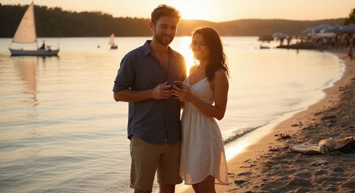 Zwei junge Erwachsene am Wasser, schauen auf eine Dating-App für flirten und sexkontakt in Graubünden.