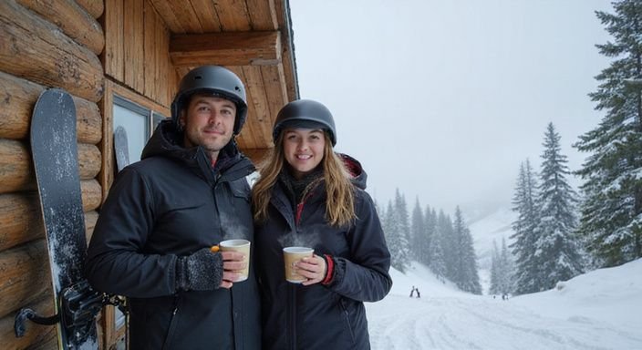Zwei Personen genießen heiße Getränke vor einer Berghütte im Schnee.