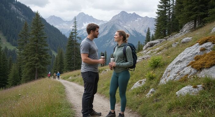 Zwei Erwachsene treffen sich am Mountaintrail mit Wanderutensilien.