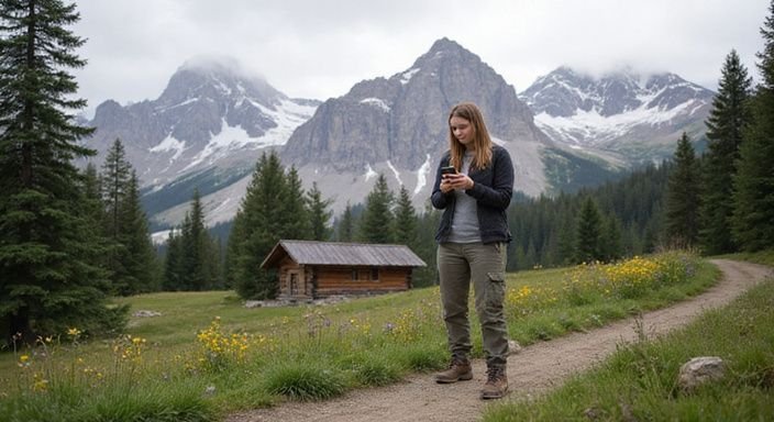 Eine Frau in Wanderkleidung steht auf einem Pfad und lächelt.