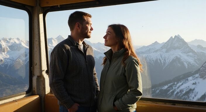 Zwei Personen im Kabelzug betrachten die alpine Landschaft.