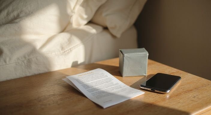 Ein Nachttisch mit persönlichen Gegenständen neben einem ungemachten Bett.