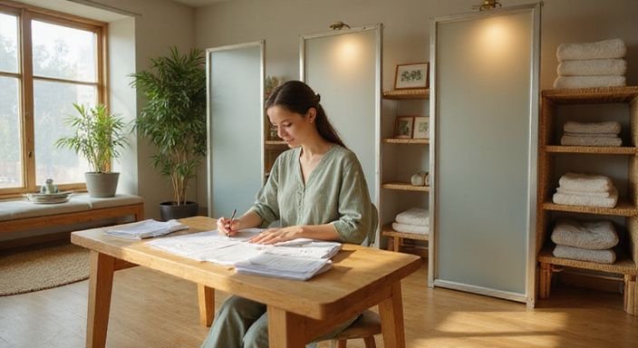 Eine entspannte Frau arbeitet in einem minimalistischen Wellnessstudio.