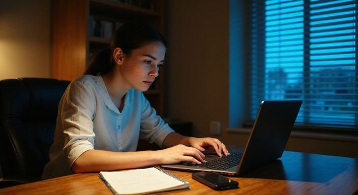 Eine konzentrierte Frau arbeitet an ihrem Laptop in einem Homeoffice.