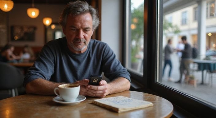 Eine nachdenkliche Person nutzt in einem Café ihr Smartphone.