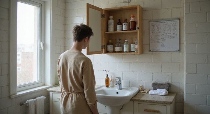 Eine Person steht entspannt vor einem offenen Medizinschrank im Badezimmer. Eine Person steht entspannt vor einem offenen Medizinschrank im Badezimmer.