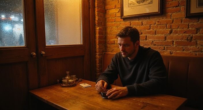 Ein nachdenklicher Mann sitzt allein in einem urbanen Café. Ein nachdenklicher Mann sitzt allein in einem urbanen Café.