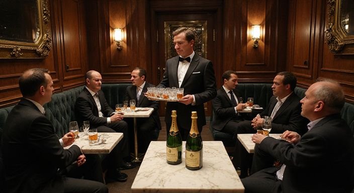 Elegante Nachtclub-Lounge mit stilvollen Gästen und erlesenen Getränken. Elegante Nachtclub-Lounge mit stilvollen Gästen und erlesenen Getränken.