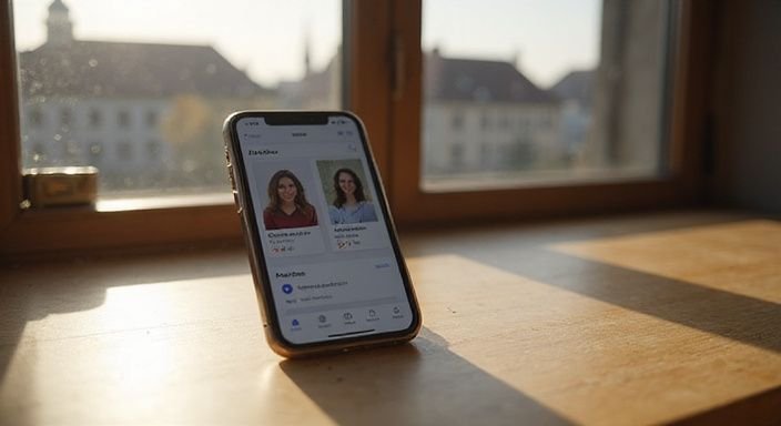 Ein Smartphone zeigt ein Dating-App-Interface auf einem Holztisch. Ein Smartphone zeigt ein Dating-App-Interface auf einem Holztisch.