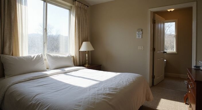 Ein einfaches Hotelzimmer mit einem ordentlichen Queen-Size-Bett und minimaler Einrichtung. Ein einfaches Hotelzimmer mit einem ordentlichen Queen-Size-Bett und minimaler Einrichtung.